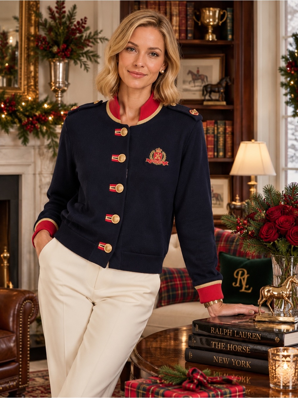 St. John Sport Navy, Red & Gold Military-Inspired Knit Jacket – Size Medium - Picture 4 of 10